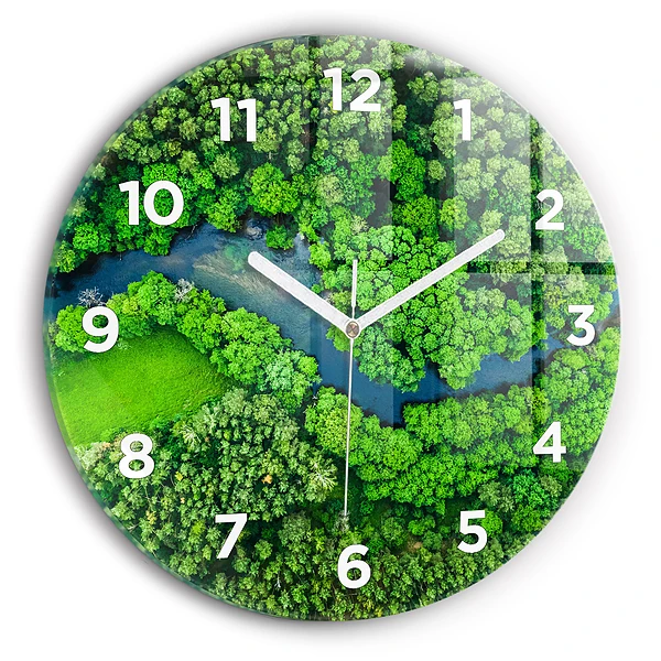 Ceas perete din sticlă rotund Râu în pădure