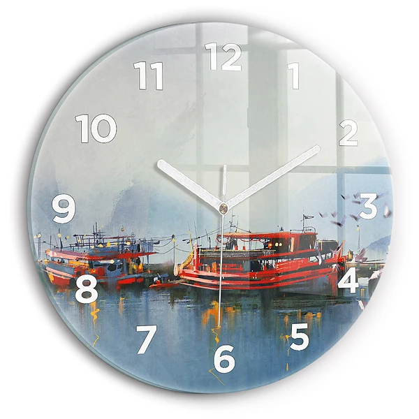 Ceas rotund de perete din sticlă Barcă de pescuit în port