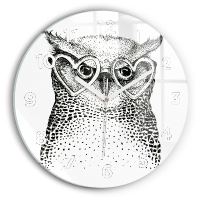 Ceas rotund de perete din sticlă O bufniță de desene animate cu ochelari