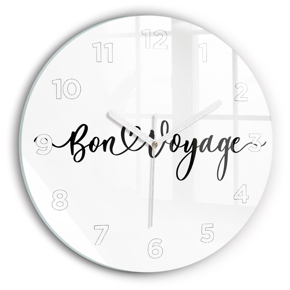 Ceas rotund de perete din sticlă Bon voyage inscripție