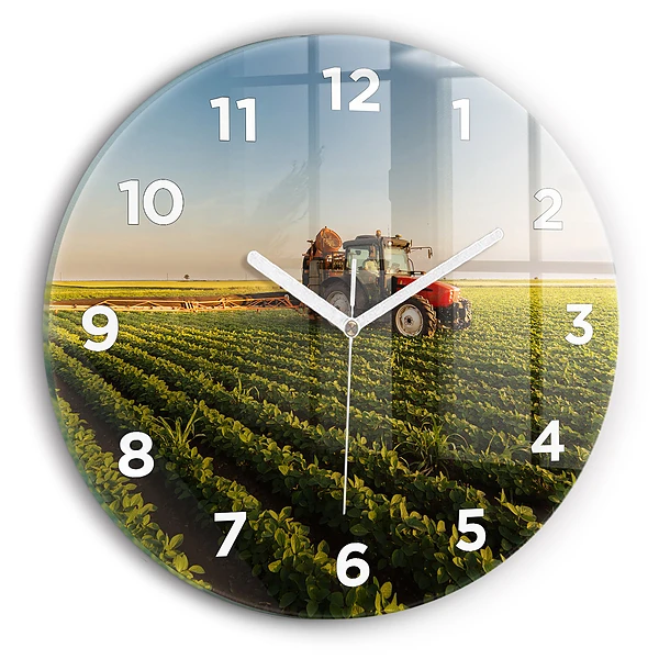 Ceas rotund de perete din sticlă Tractor într-un câmp agricol