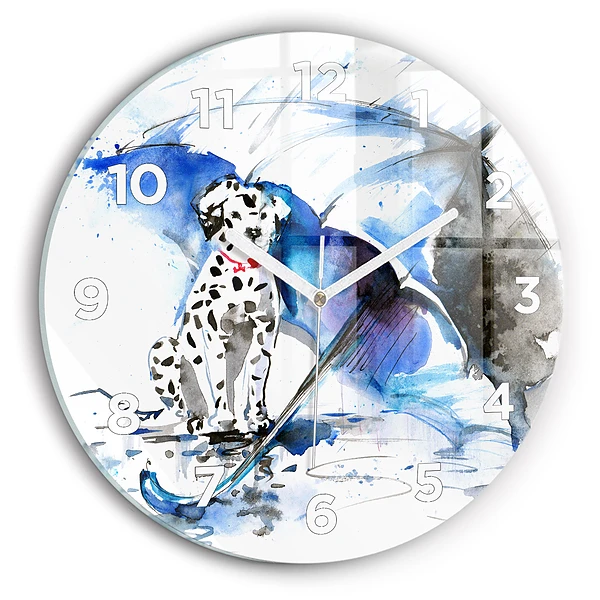 Ceas perete din sticlă rotund Dalmatian și umbrelă