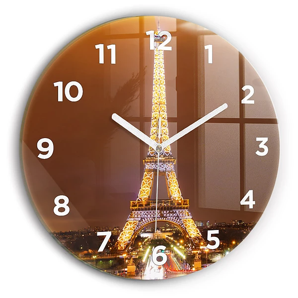 Ceas rotund de perete din sticlă Turnul Eiffel iluminat