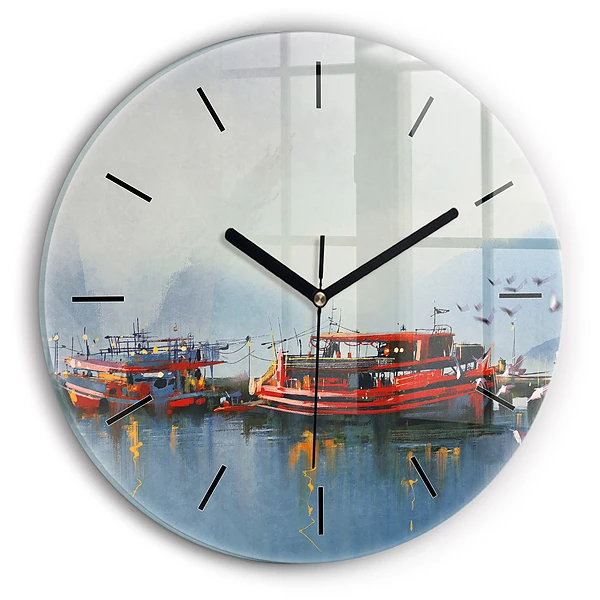 Barcă de pescuit în port Ceas rotund de perete din sticlă