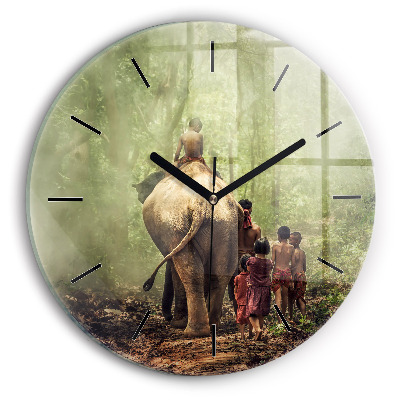 Copii care conduc un elefant Ceas perete din sticlă rotund