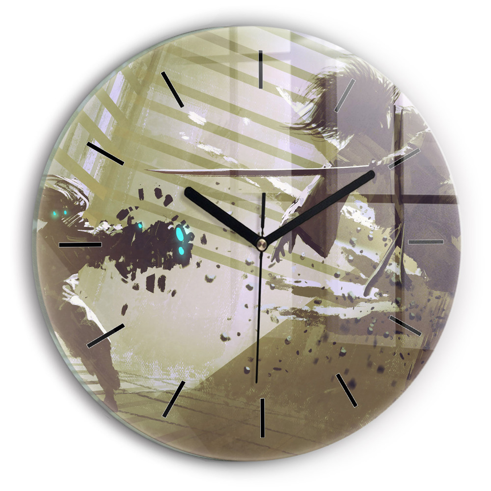 Robot și samurai se luptă Ceas perete din sticlă rotund