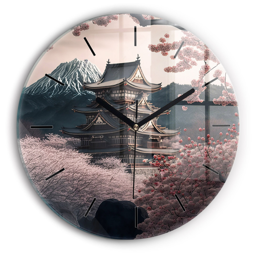 Turn și flori în Asia Ceas rotund de perete din sticlă