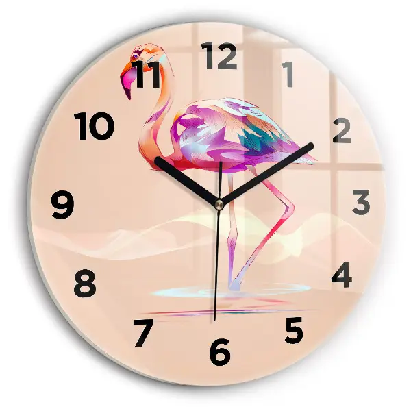 Ceas perete din sticlă rotund Ilustrație cu flamingo
