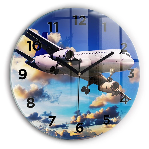 Ceas perete din sticlă rotund Avion în nori
