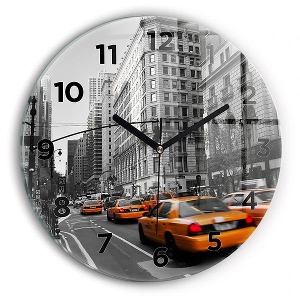 Ceas perete din sticlă rotund Manhattan și taxiuri