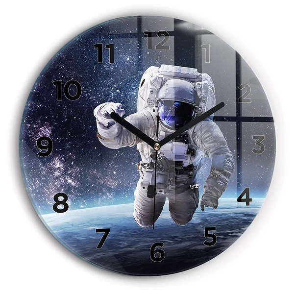 Ceas rotund de perete din sticlă Astronaut deasupra pământului