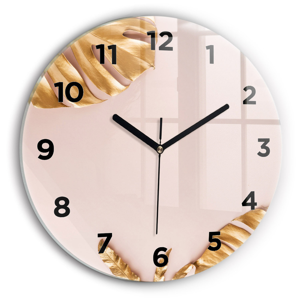 Ceas rotund de perete din sticlă Frunze tropicale aurii