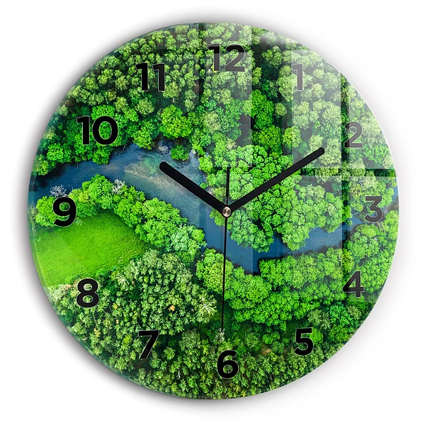 Ceas perete din sticlă rotund Râu în pădure
