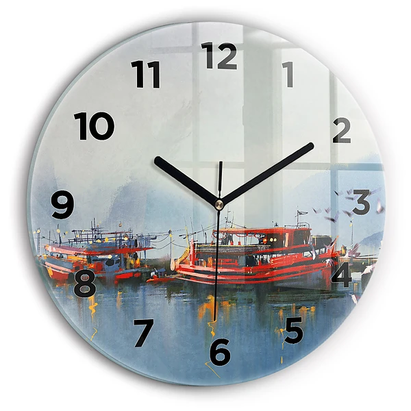 Ceas rotund de perete din sticlă Barcă de pescuit în port