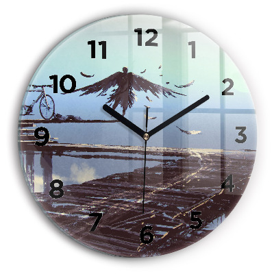Ceas din sticlă rotund Înger, pod și bicicletă
