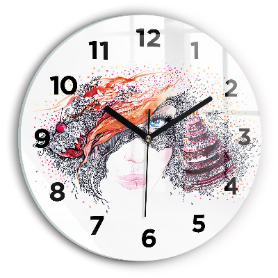 Ceas rotund de perete din sticlă Femeie dulce cu tort