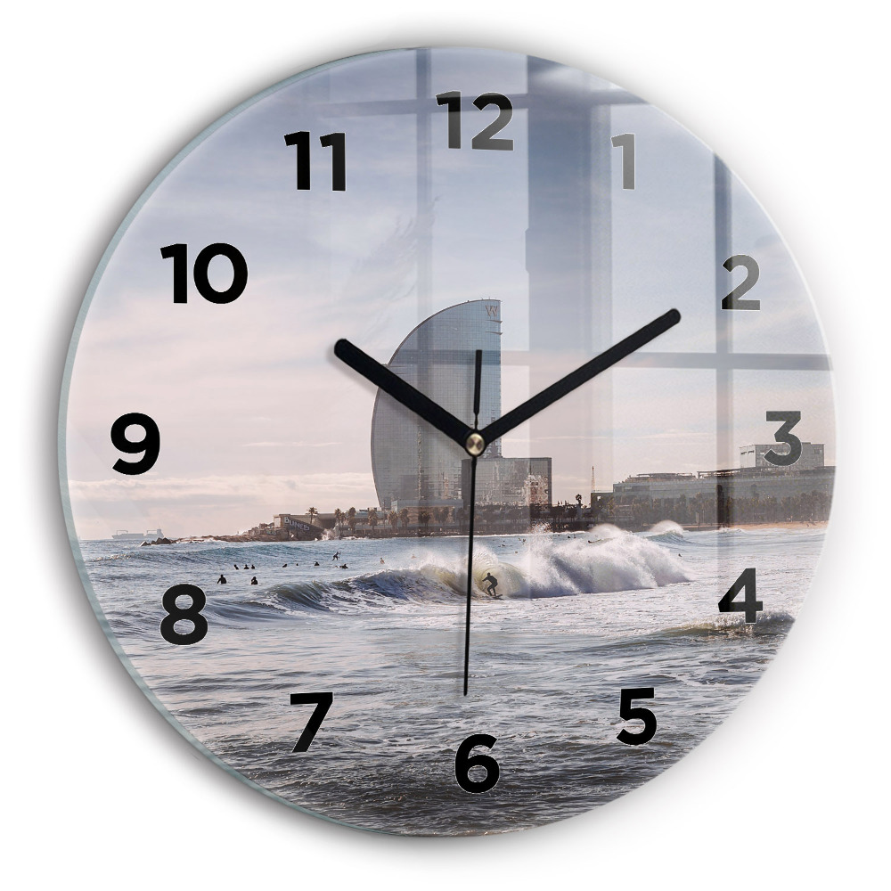 Ceas de sticlă pe perete rotund Barcelona Surfer