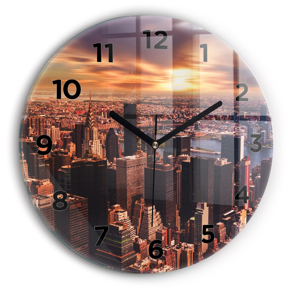 Ceas de sticlă pe perete rotund Panorama orasului apusului