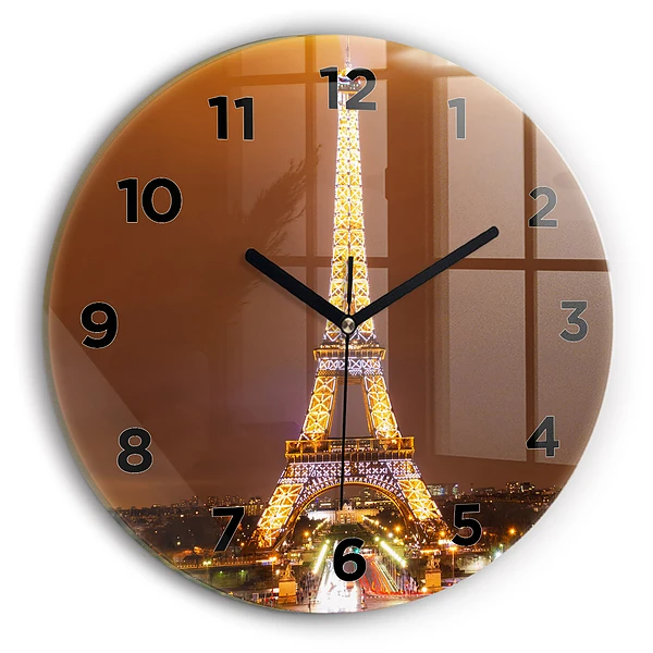 Ceas rotund de perete din sticlă Turnul Eiffel iluminat