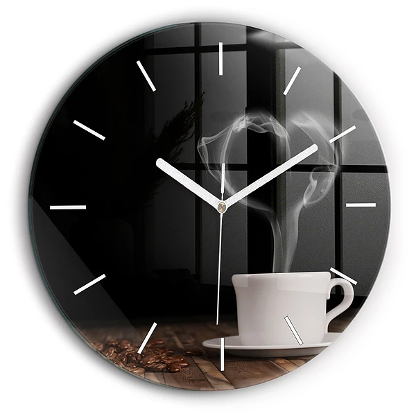Ceas perete din sticlă rotund O ceașcă de cafea fierbinte