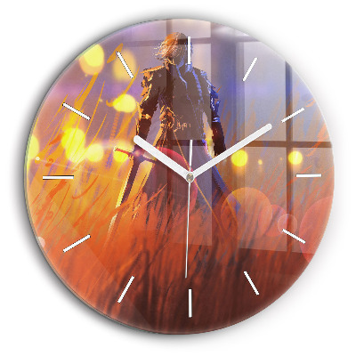 Ceas rotund de perete din sticlă Cavaler cu o sabie