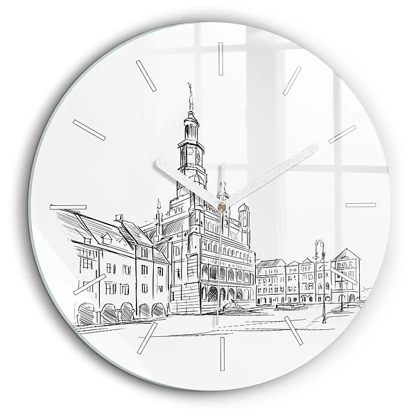 Ceas de sticlă pe perete rotund Schiță a orașului vechi Poznań
