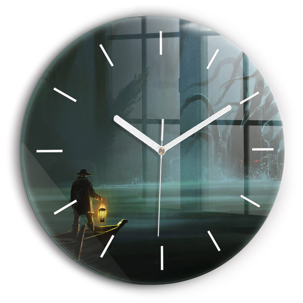 Ceas perete din sticlă rotund Om și monstru în mlaștină