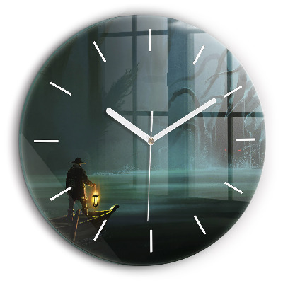 Ceas perete din sticlă rotund Om și monstru în mlaștină