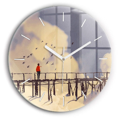 Ceas perete din sticlă rotund Omul pe podul vechi