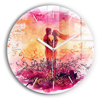 Ceas perete din sticlă rotund Acuarele cuplu de îndrăgostiți