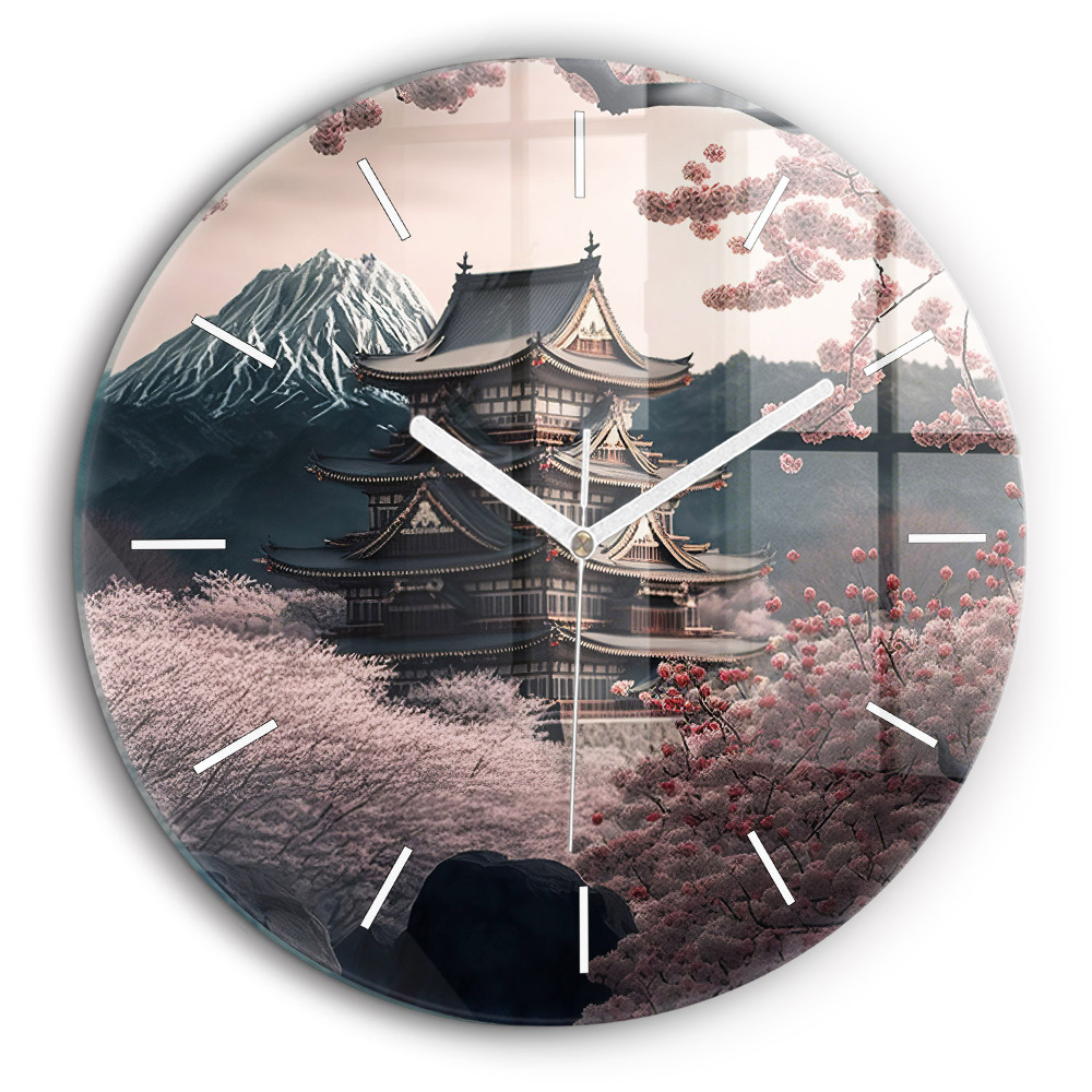 Ceas rotund de perete din sticlă Turn și flori în Asia
