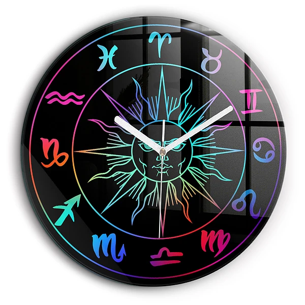 Ceas din sticlă rotund Semne zodiacale colorate