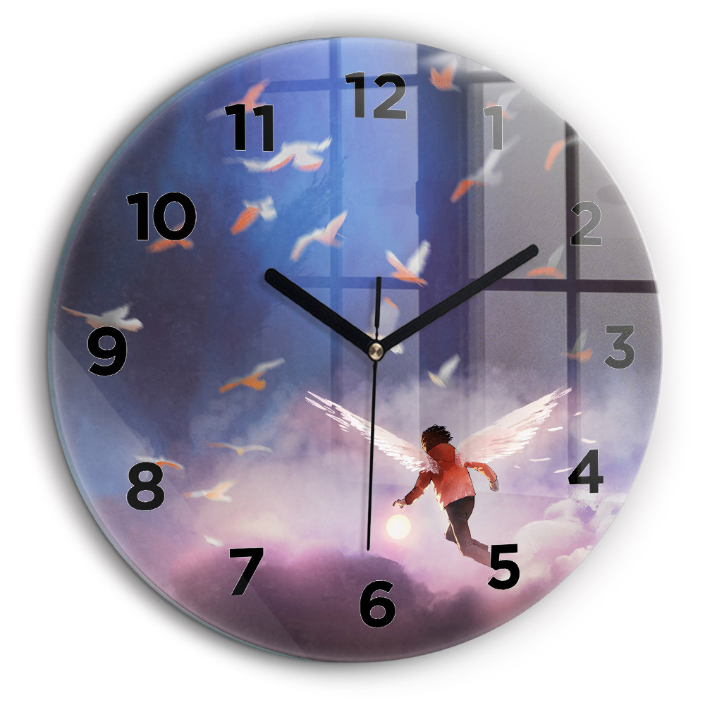 Băiat cu aripi Ceas perete din sticlă rotund