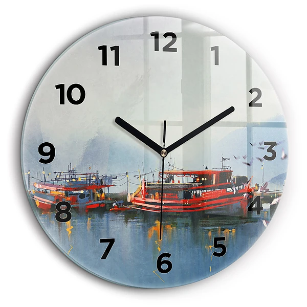 Barcă de pescuit în port Ceas rotund de perete din sticlă