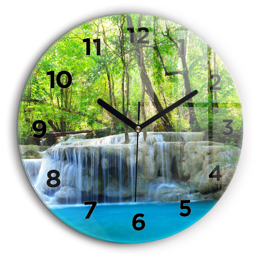 Cascada în pădure Ceas perete din sticlă rotund