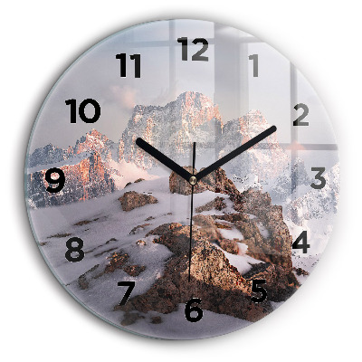 Munte acoperit cu zăpadă Ceas de sticlă pe perete rotund