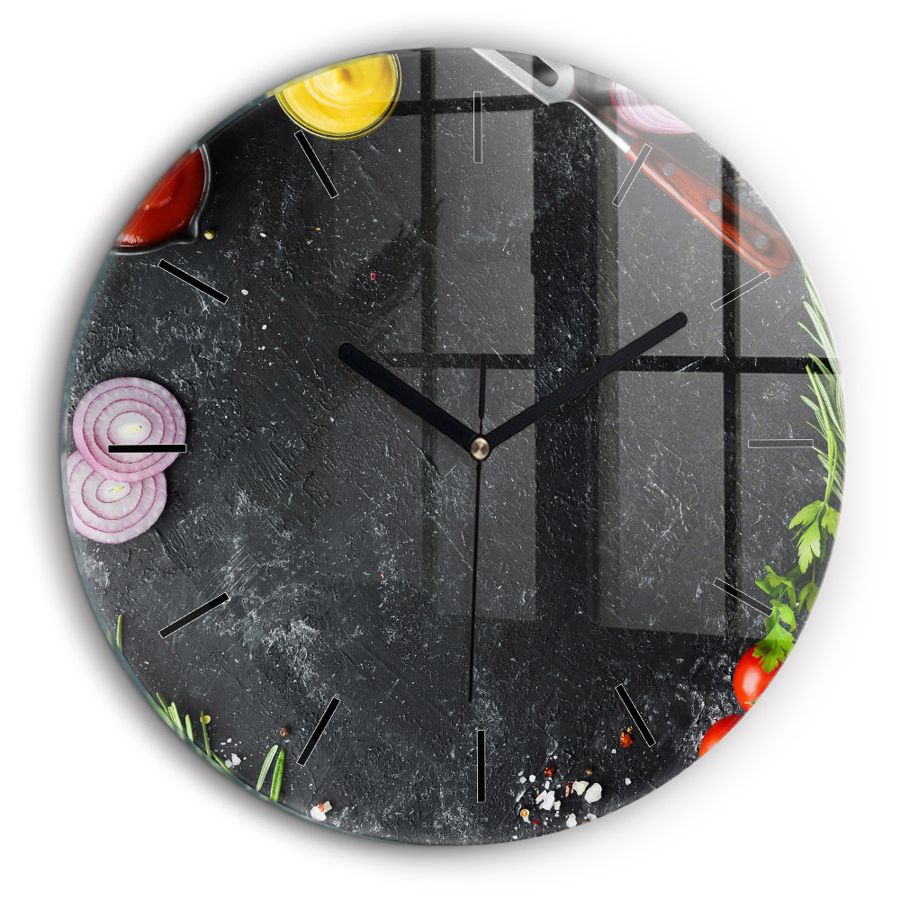Ceas perete din sticlă rotund Legume pe masă
