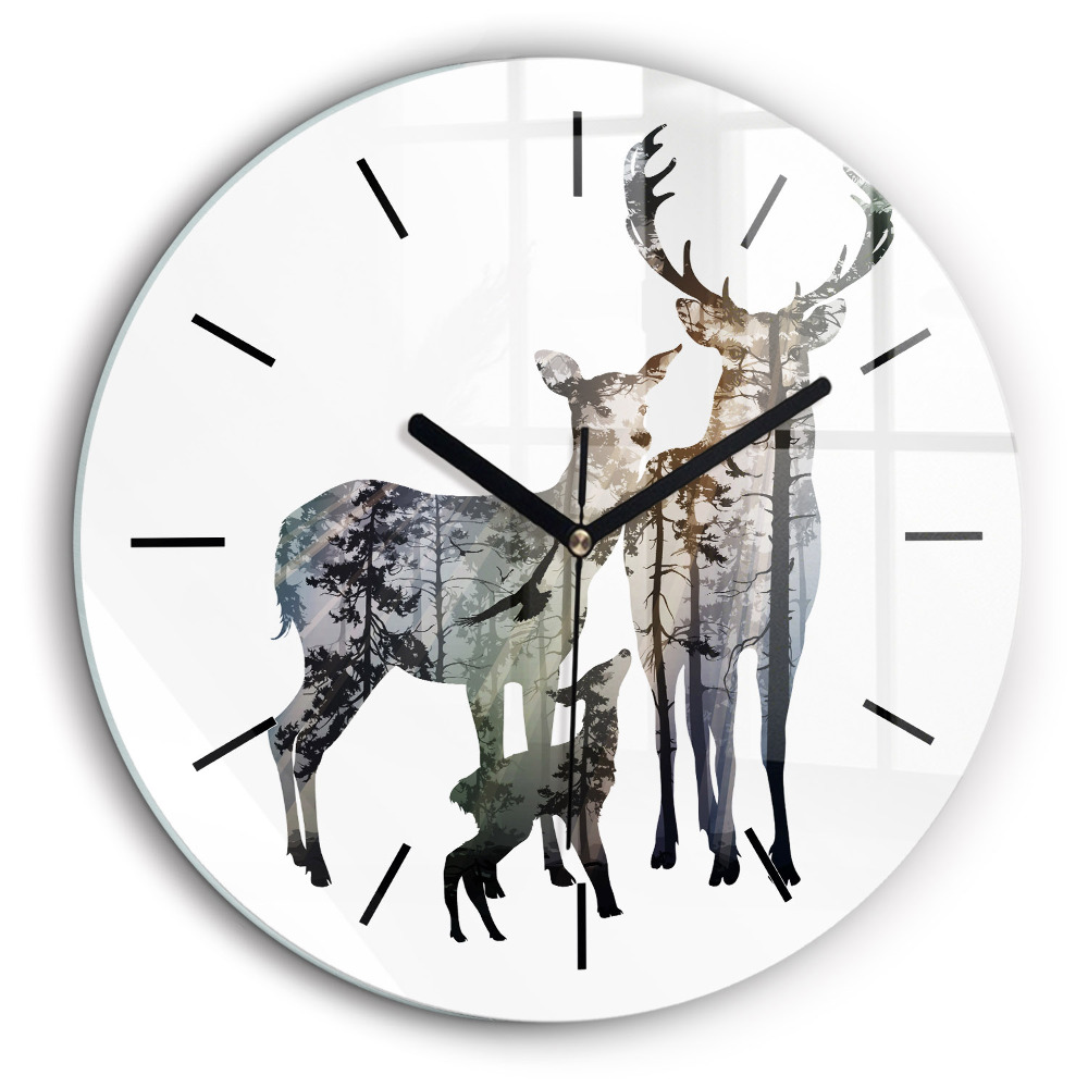Ceas rotund de perete din sticlă Familia de căprioare