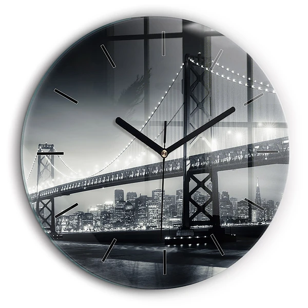 Ceas rotund de perete din sticlă Pod noaptea San Francisco