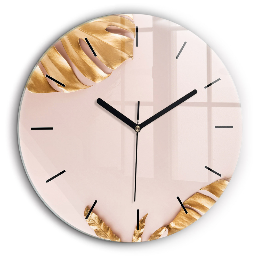 Ceas rotund de perete din sticlă Frunze tropicale aurii