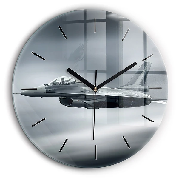 Ceas rotund de perete din sticlă Avion militar