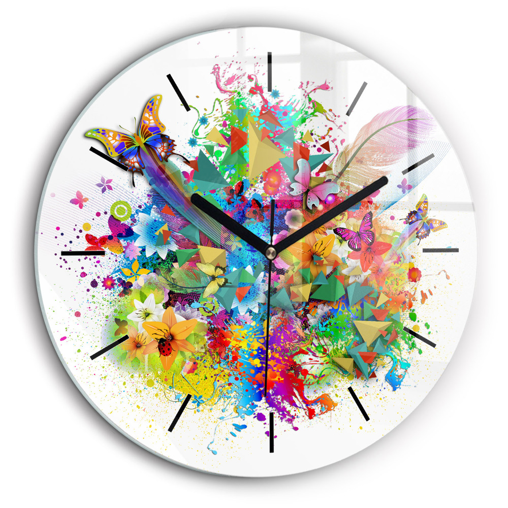 Ceas de sticlă pe perete rotund Armonie florală cu fluturi