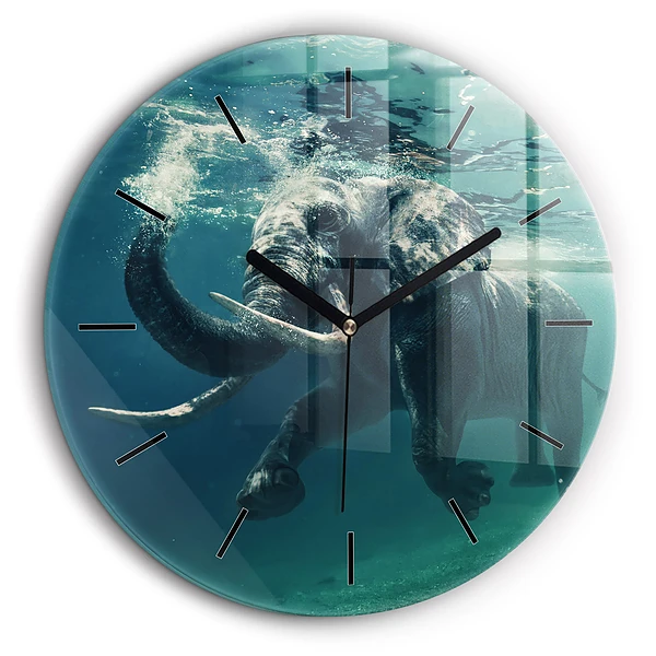 Ceas rotund de perete din sticlă Elefantul înotând în ocean