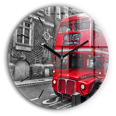 Ceas rotund de perete din sticlă Autobuz roșu cu etaj