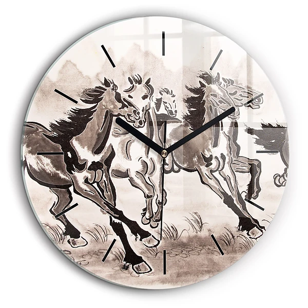Ceas de sticlă pe perete rotund Cai în galop