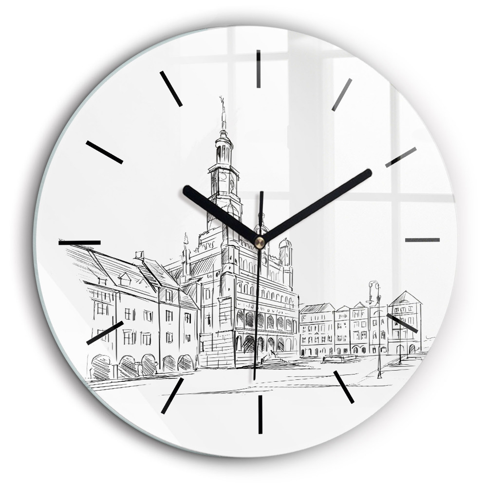 Ceas de sticlă pe perete rotund Schiță a orașului vechi Poznań