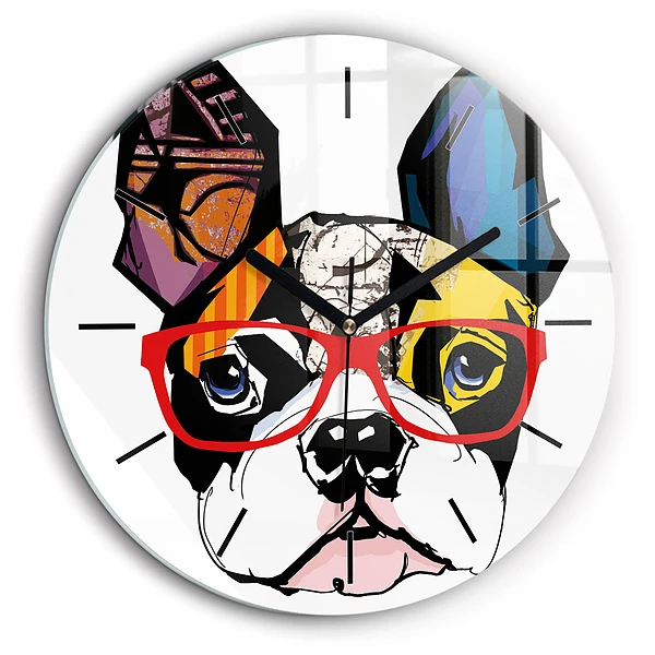 Ceas rotund de perete din sticlă Bulldog francez cu ochelari