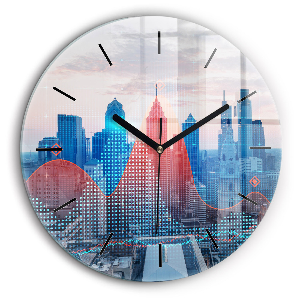 Ceas rotund de perete din sticlă Zgârie-nori din Philadelphia