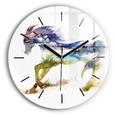 Ceas perete din sticlă rotund Munți pictați și cal