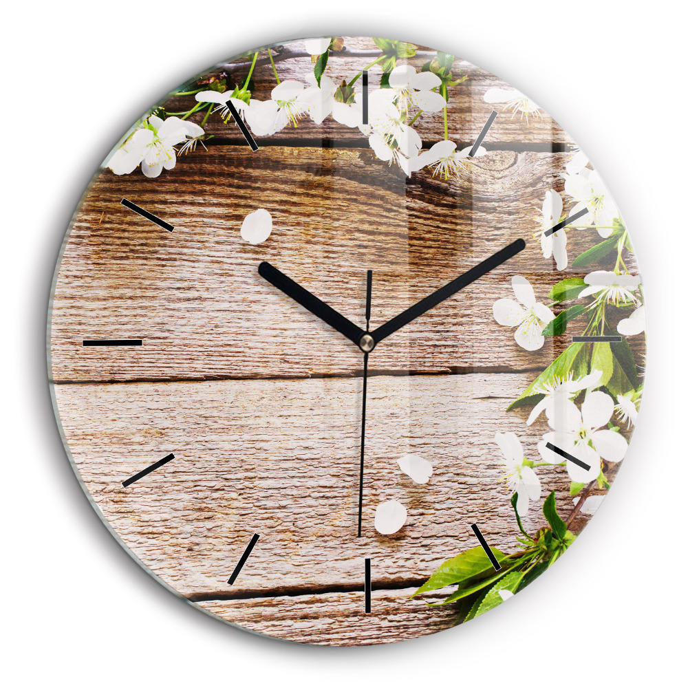 Ceas perete din sticlă rotund Flori pe lemn